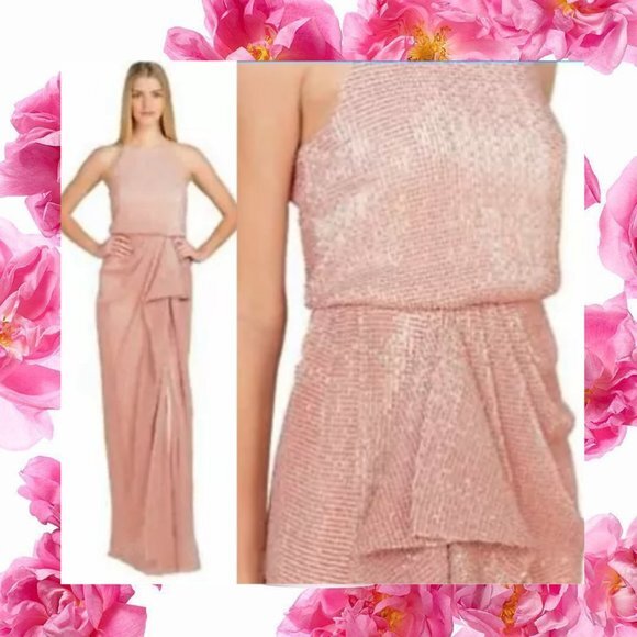 $660 NWT BADGLEY‎ MISCHKA Women's Pink Blush Maxi Long Gown 0 XS Wedding Sparkle - Picture 1 of 14